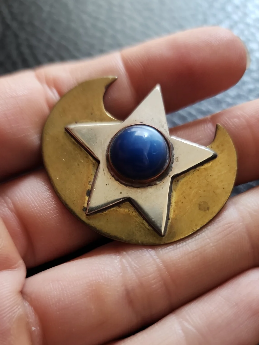 VTG Brass-tone Crescent & Star Brooch with Blue Cabochon